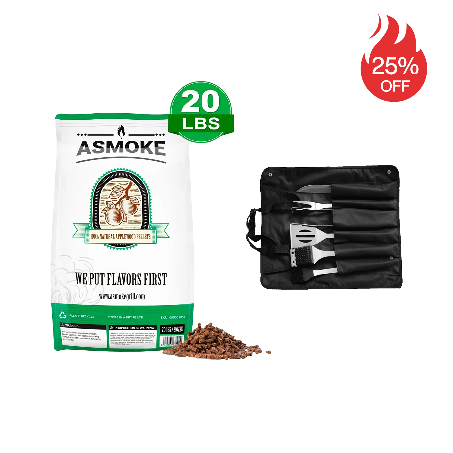 ASMOKE 100% Apple Wood Pellets BBQ Tool Kit-1Basting Brush,Grill Brush,Spatula,Tongs,Fork,Grill Knife ASMOKE