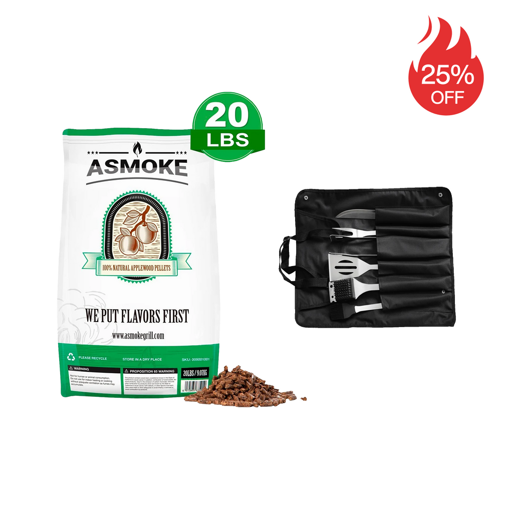 ASMOKE 100% Apple Wood Pellets BBQ Tool Kit-1Basting Brush,Grill Brush,Spatula,Tongs,Fork,Grill Knife ASMOKE