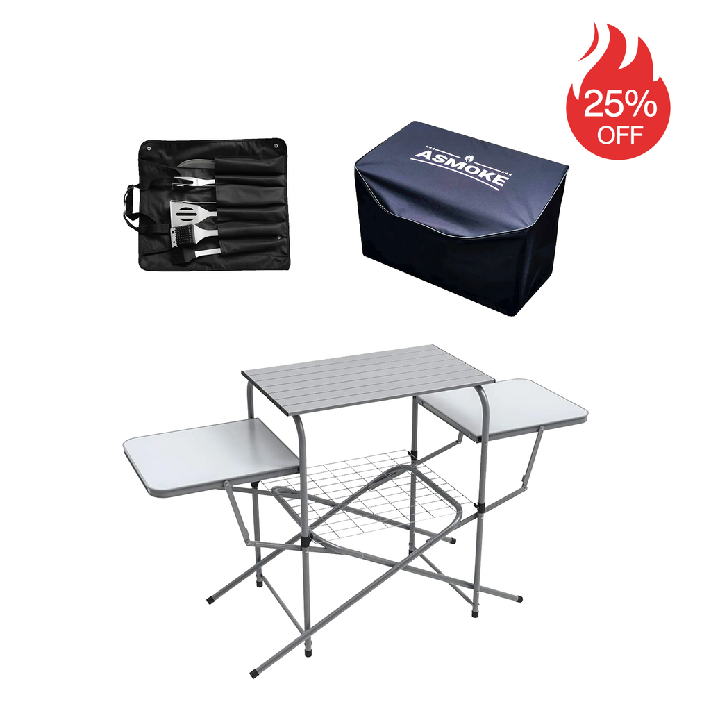 ASMOKE  Foldable Portable Grill Table Grill Cover  BBQ Tool Kit-1Basting Brush,Grill Brush,Spatula,Tongs,Fork,Grill Knife ASMOKE