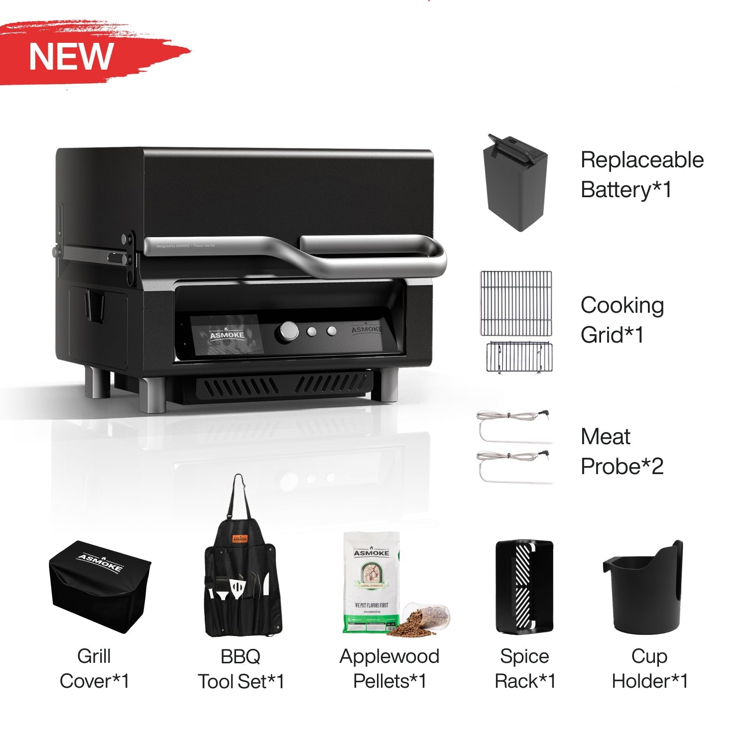 ASMOKE Essential Tragbarer Holzpelletgrill und Smart Smoker mit eingebautem Bildschirm 