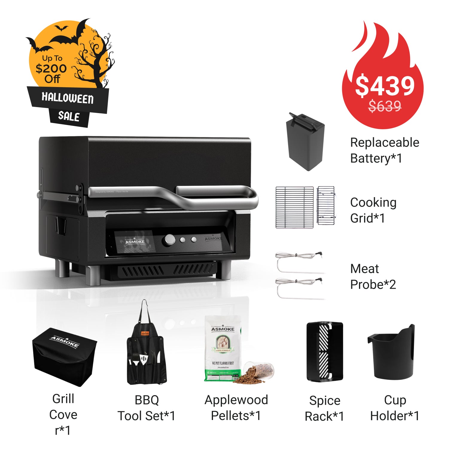 ASMOKE Essential Portable Wood Pellet Grill and Smart Smoker with Built - in Screen