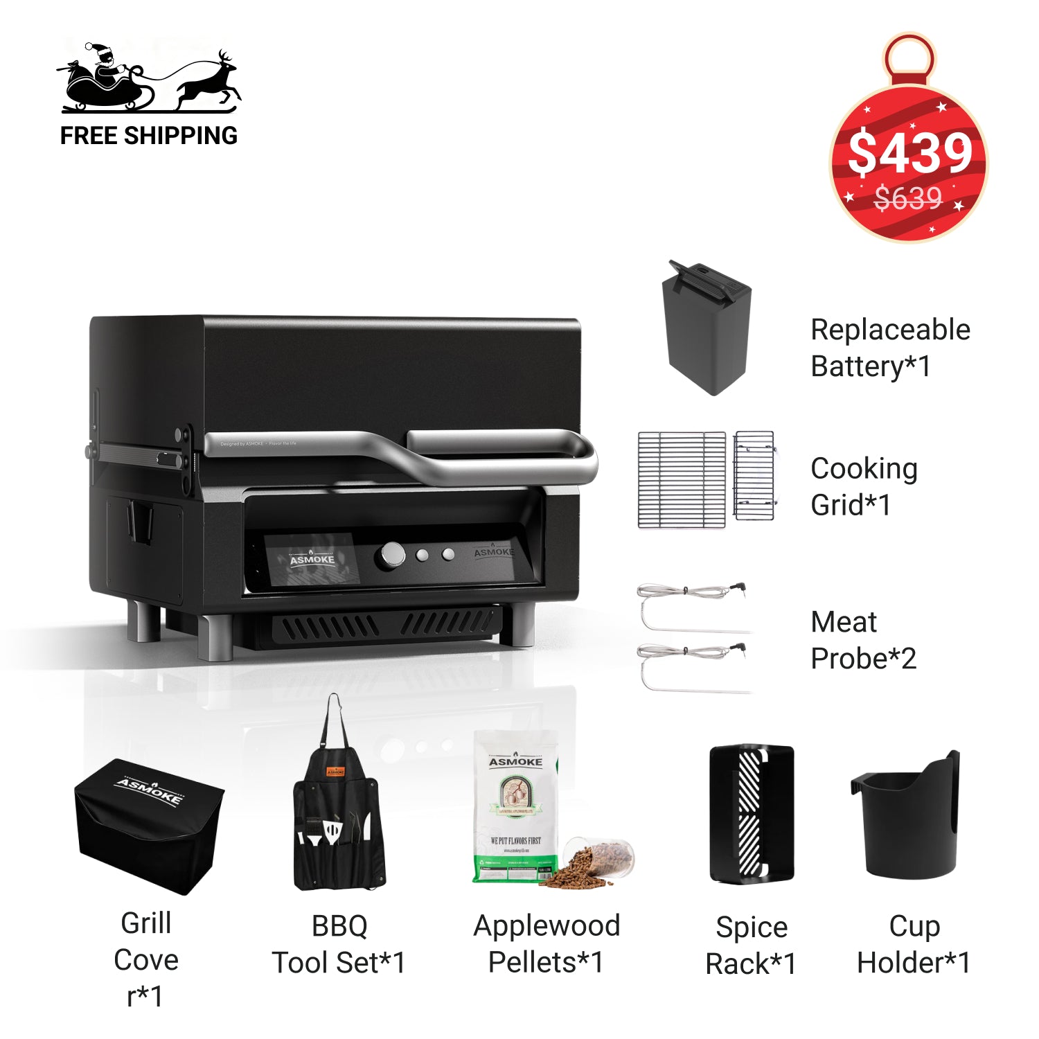 ASMOKE Essential Tragbarer Holzpelletgrill und Smart Smoker mit eingebautem Bildschirm 