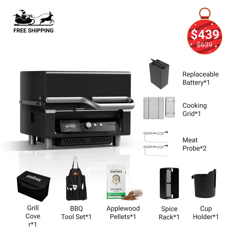 ASMOKE Essential Tragbarer Holzpelletgrill und Smart Smoker mit eingebautem Bildschirm 