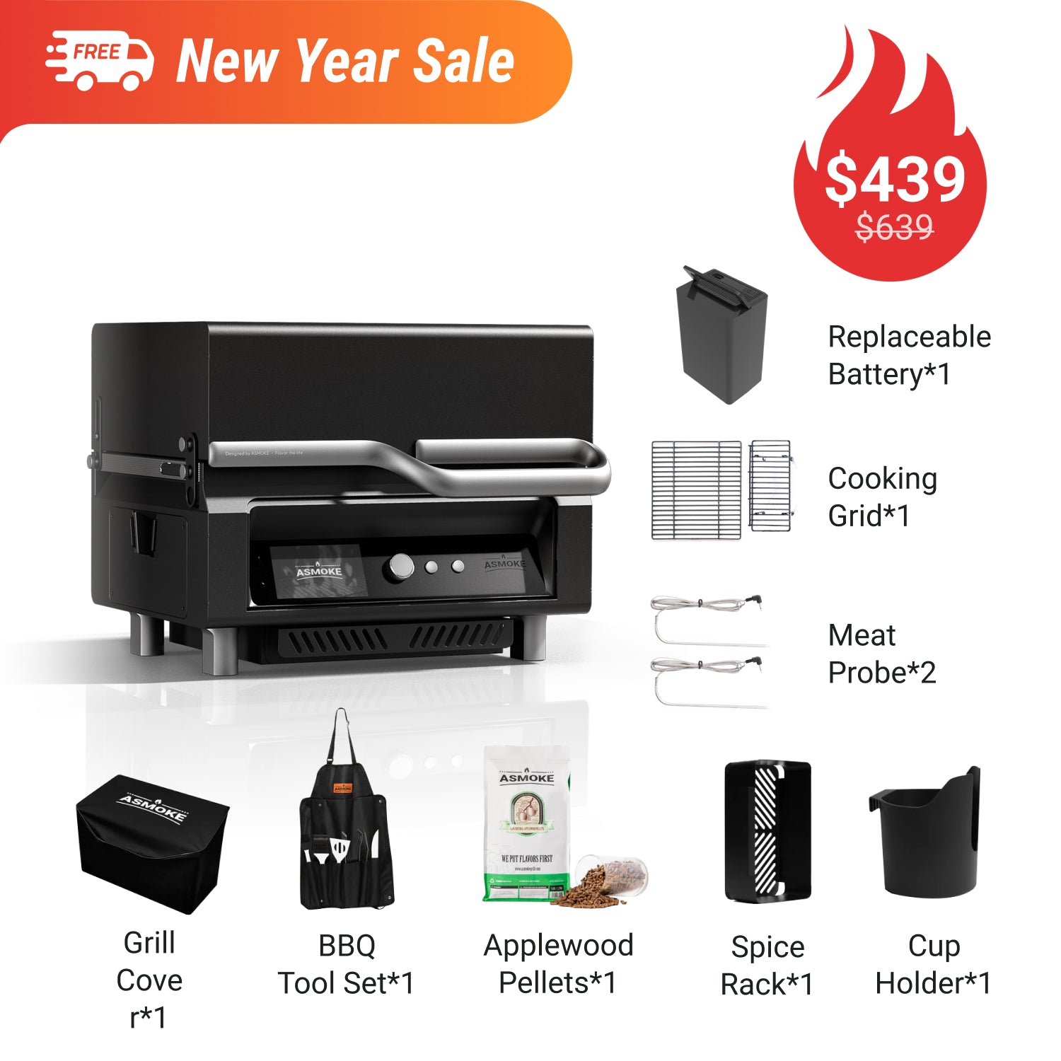 ASMOKE Essential Portable Wood Pellet Grill and Smart Smoker with Built - in Screen