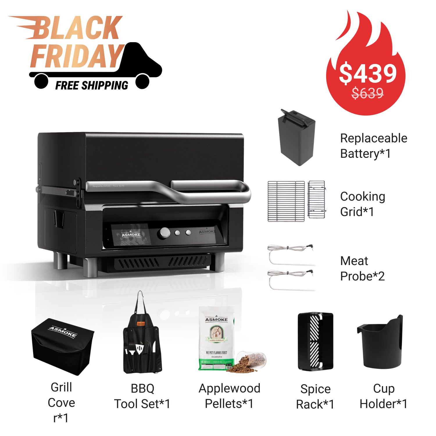 ASMOKE Essential Portable Wood Pellet Grill and Smart Smoker with Built - in Screen