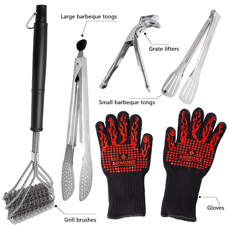 ASMOKE BBQ Set (Includes BBQ Grilling Gloves, a BBQ Cleaning Brush, two Kitchen Tongs and a BBQ Grill Grid Lifter) - ASMOKE