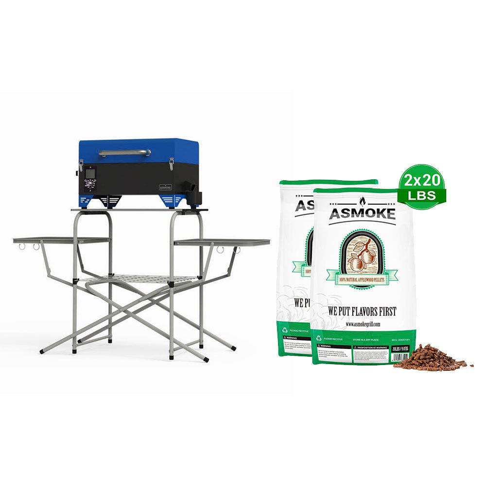 Package Discount : ASMOKE AS350 Portable Wood Pellet Grill and Smoker | ASCA™ & Foldable Portable Grill Table & 100% Apple Wood Pellets - ASMOKE