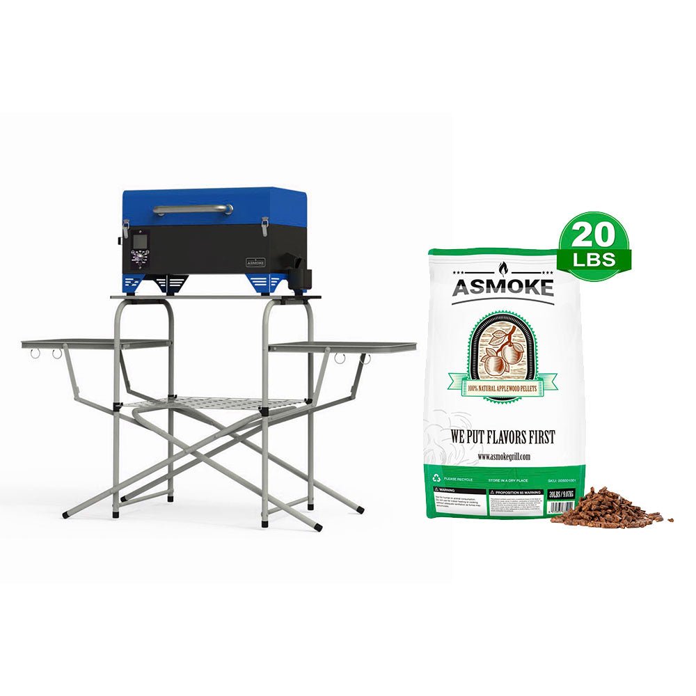 Package Discount : ASMOKE AS350 Portable Wood Pellet Grill and Smoker | ASCA™ & Foldable Portable Grill Table & 100% Apple Wood Pellets - ASMOKE