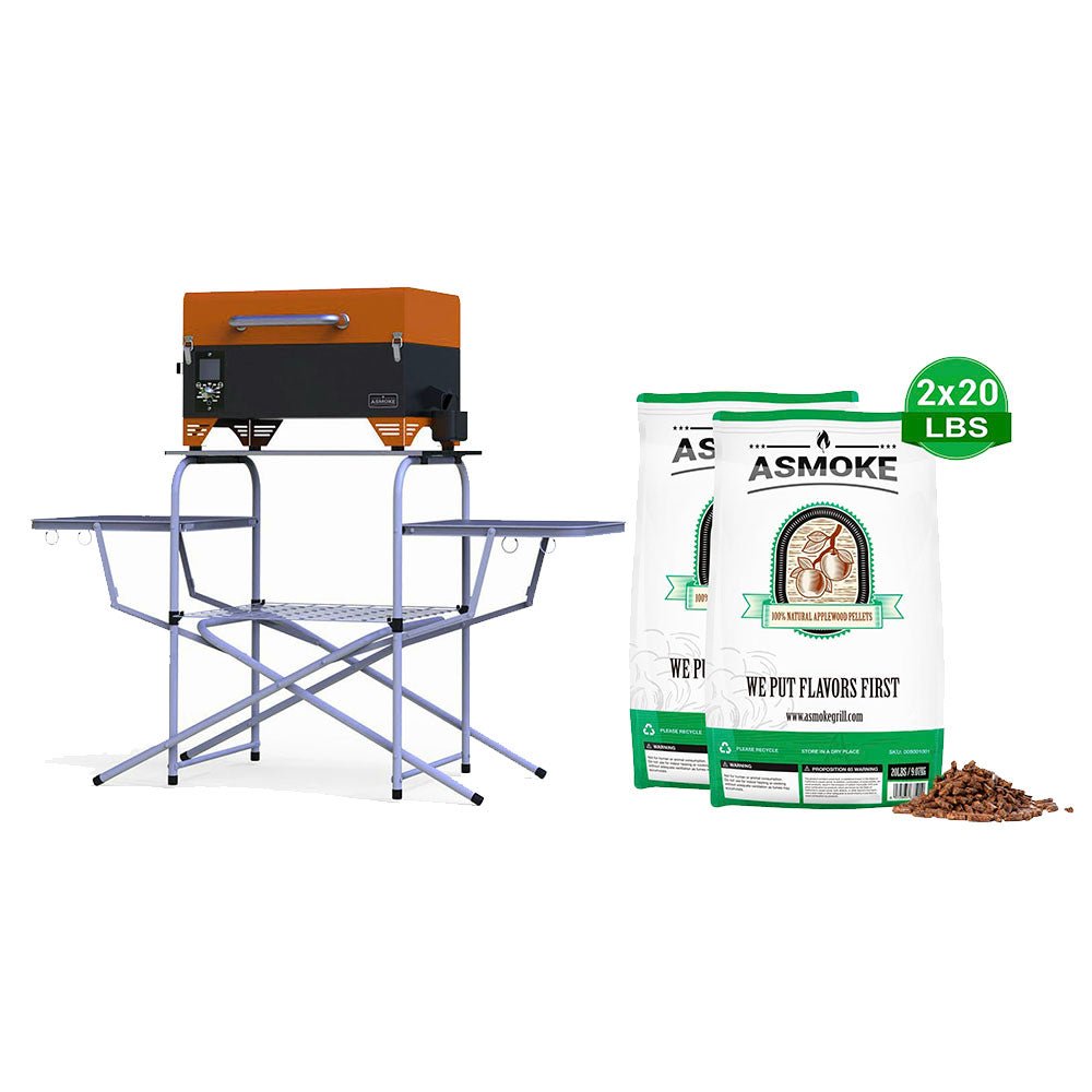 Package Discount : ASMOKE AS350 Portable Wood Pellet Grill and Smoker | ASCA™ & Foldable Portable Grill Table & 100% Apple Wood Pellets - ASMOKE