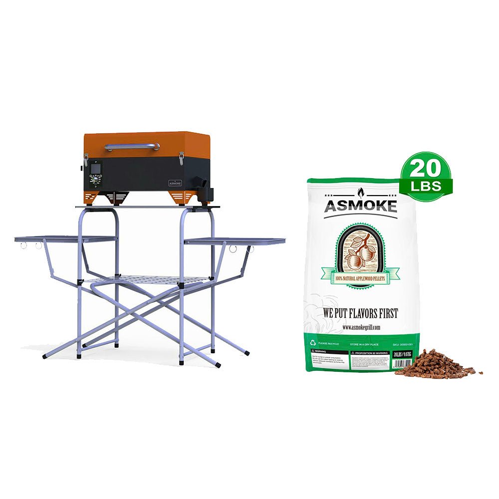 Package Discount : ASMOKE AS350 Portable Wood Pellet Grill and Smoker | ASCA™ & Foldable Portable Grill Table & 100% Apple Wood Pellets - ASMOKE